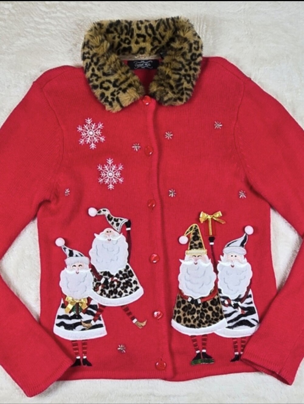 VTG Crystal Kobe Christmas Cardigan Sweater Sz.M Faux Fur Leopard Collar